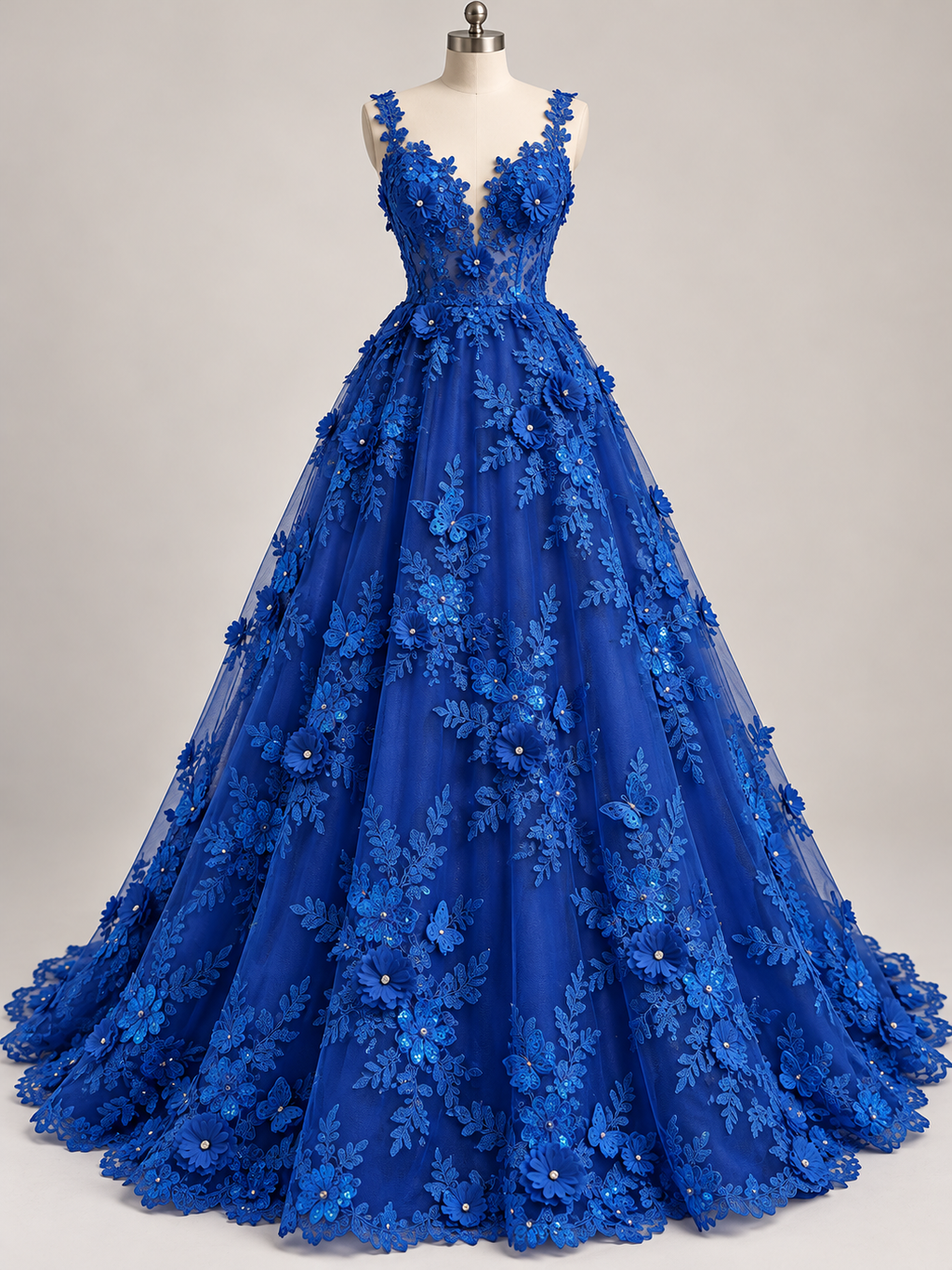 Tul Bordado Con Floral 3D, Mariposas, Pedrería, Lentejuela Y Perlas Color Azul Rey- HH157 — Palacio Glamour
