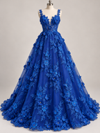 Tul Bordado Con Floral 3D, Mariposas, Pedrería, Lentejuela Y Perlas Color Azul Rey- HH157 — Palacio Glamour