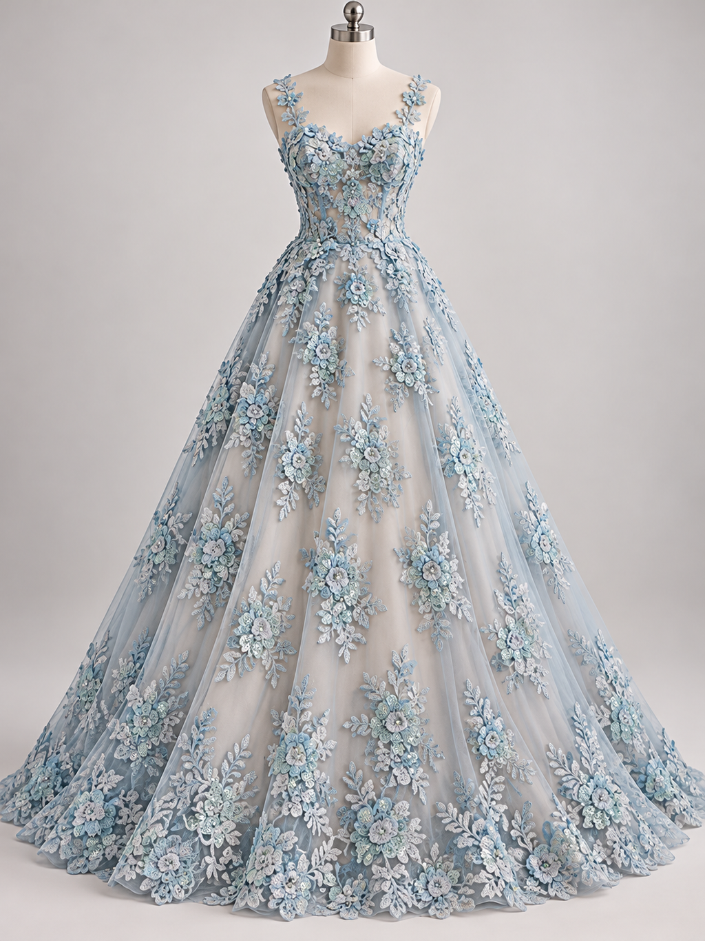 Tul Bordado Con Floral 3D, Mariposas, Pedrería, Lentejuela Y Perlas Color Azul Cielo - HH157 — Palacio Glamour