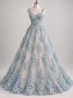 Tul Bordado Con Floral 3D, Mariposas, Pedrería, Lentejuela Y Perlas Color Azul Cielo - HH157 — Palacio Glamour