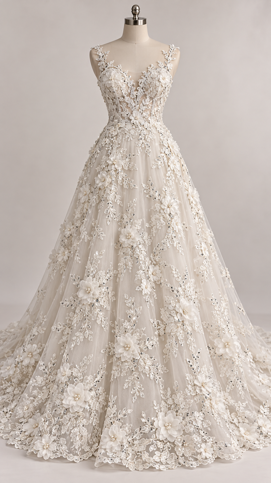 Tul Bordado Con Floral 3D, Lentejuela Y Perlas Color Hueso- HH158 — Palacio Glamour