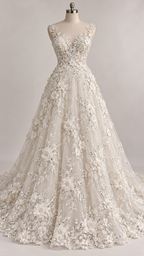 Tul Bordado Con Floral 3D, Lentejuela Y Perlas Color Hueso- HH158 — Palacio Glamour
