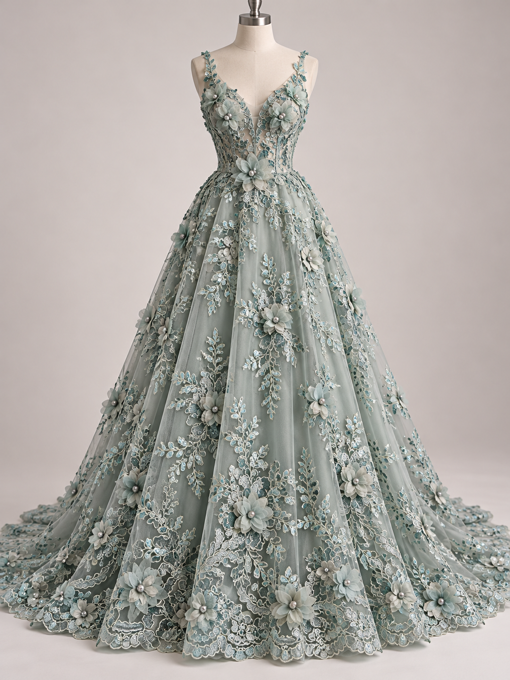 Tul Bordado Con Floral 3D, Lentejuela Y Perlas Color Sage- HH158 — Palacio Glamour