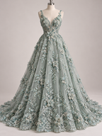 Tul Bordado Con Floral 3D, Lentejuela Y Perlas Color Sage- HH158 — Palacio Glamour