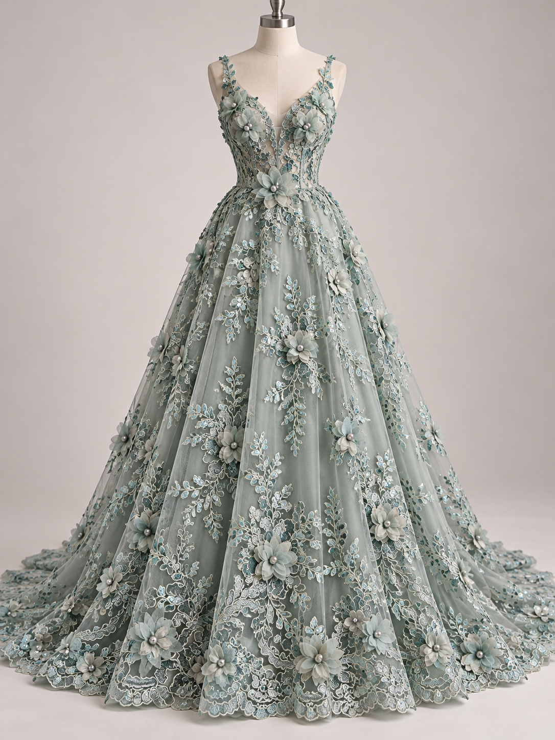 Tul Bordado Con Floral 3D, Lentejuela Y Perlas Color Sage- HH158 — Palacio Glamour