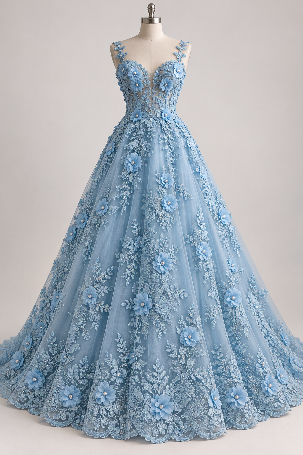 Tul Bordado Con Floral 3D, Lentejuela Y Perlas Color Azul Cielo- HH158 — Palacio Glamour