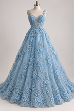 Tul Bordado Con Floral 3D, Lentejuela Y Perlas Color Azul Cielo- HH158 — Palacio Glamour