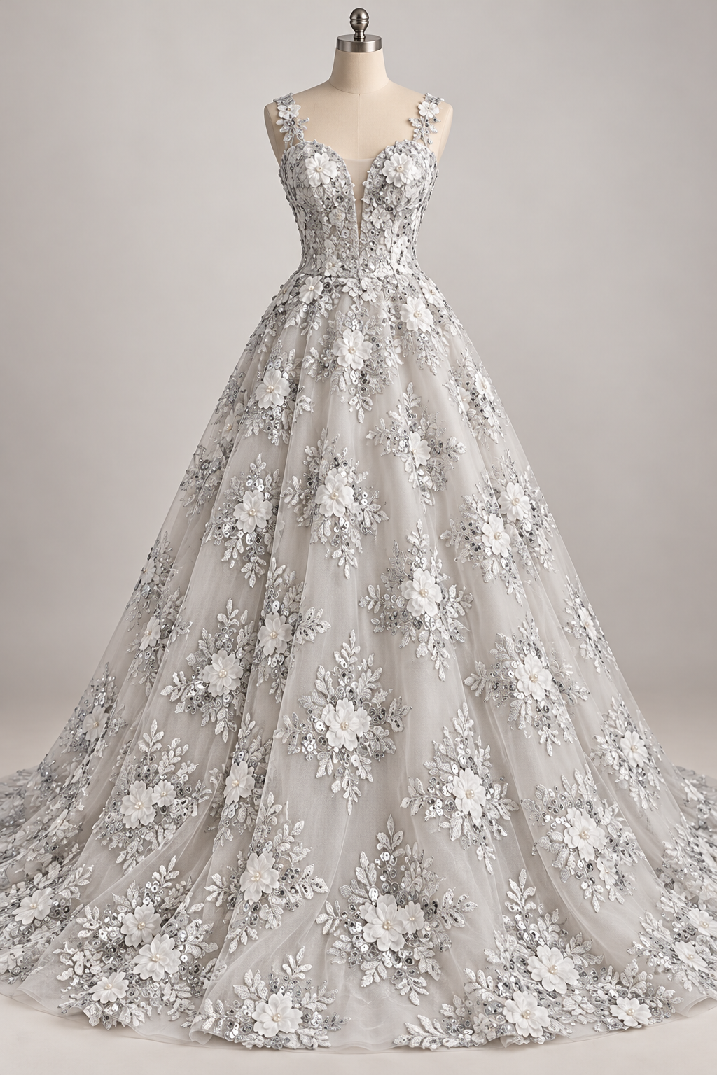 Tul Bordado Con Floral 3D, Lentejuela Y Perlas Color Plata- HH159 — Palacio Glamour