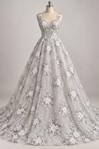 Tul Bordado Con Floral 3D, Lentejuela Y Perlas Color Plata- HH159 — Palacio Glamour