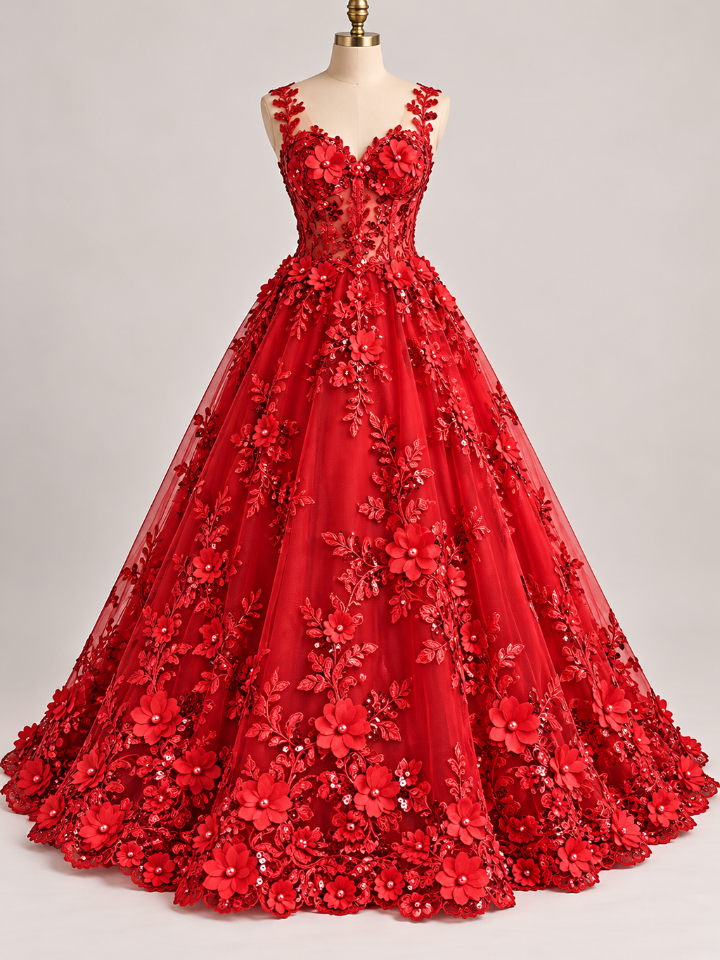 Tul Bordado Con Floral 3D, Lentejuela Y Perlas Color Rojo- HH159 — Palacio Glamour