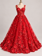 Tul Bordado Con Floral 3D, Lentejuela Y Perlas Color Rojo- HH159 — Palacio Glamour
