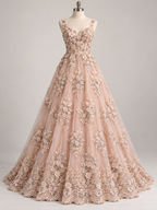 Tul Bordado Con Floral 3D, Lentejuela Y Perlas Color Blush- HH160 — Palacio Glamour