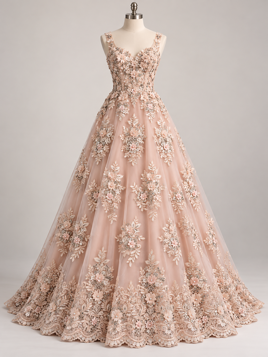 Tul Bordado Con Floral 3D, Lentejuela Y Perlas Color Blush- HH160 — Palacio Glamour