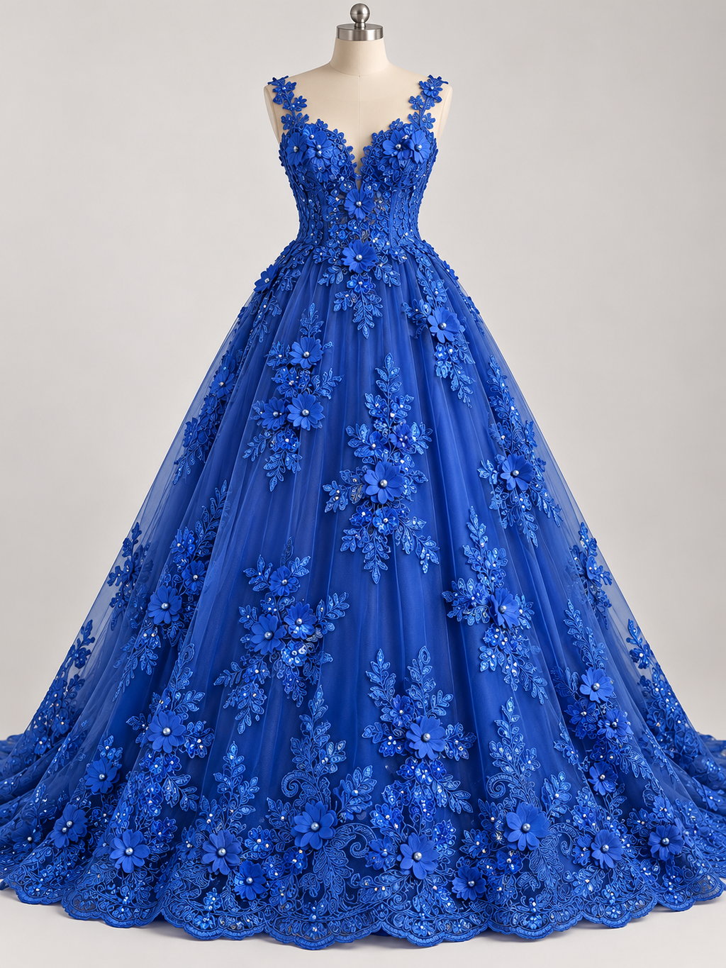 Tul Bordado Con Floral 3D, Lentejuela Y Perlas Color Azul Rey- HH160 — Palacio Glamour