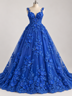 Tul Bordado Con Floral 3D, Lentejuela Y Perlas Color Azul Rey- HH160 — Palacio Glamour