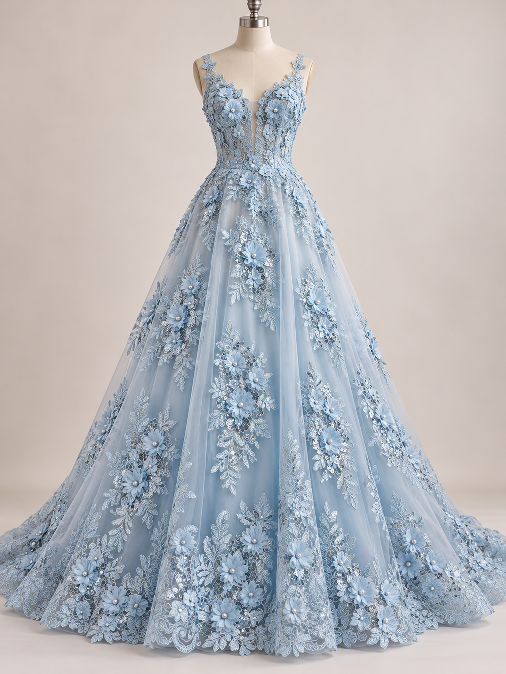 Tul Bordado Con Floral 3D, Lentejuela Y Perlas Color Azul Cielo- HH160 — Palacio Glamour