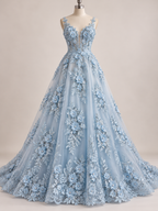 Tul Bordado Con Floral 3D, Lentejuela Y Perlas Color Azul Cielo- HH160 — Palacio Glamour