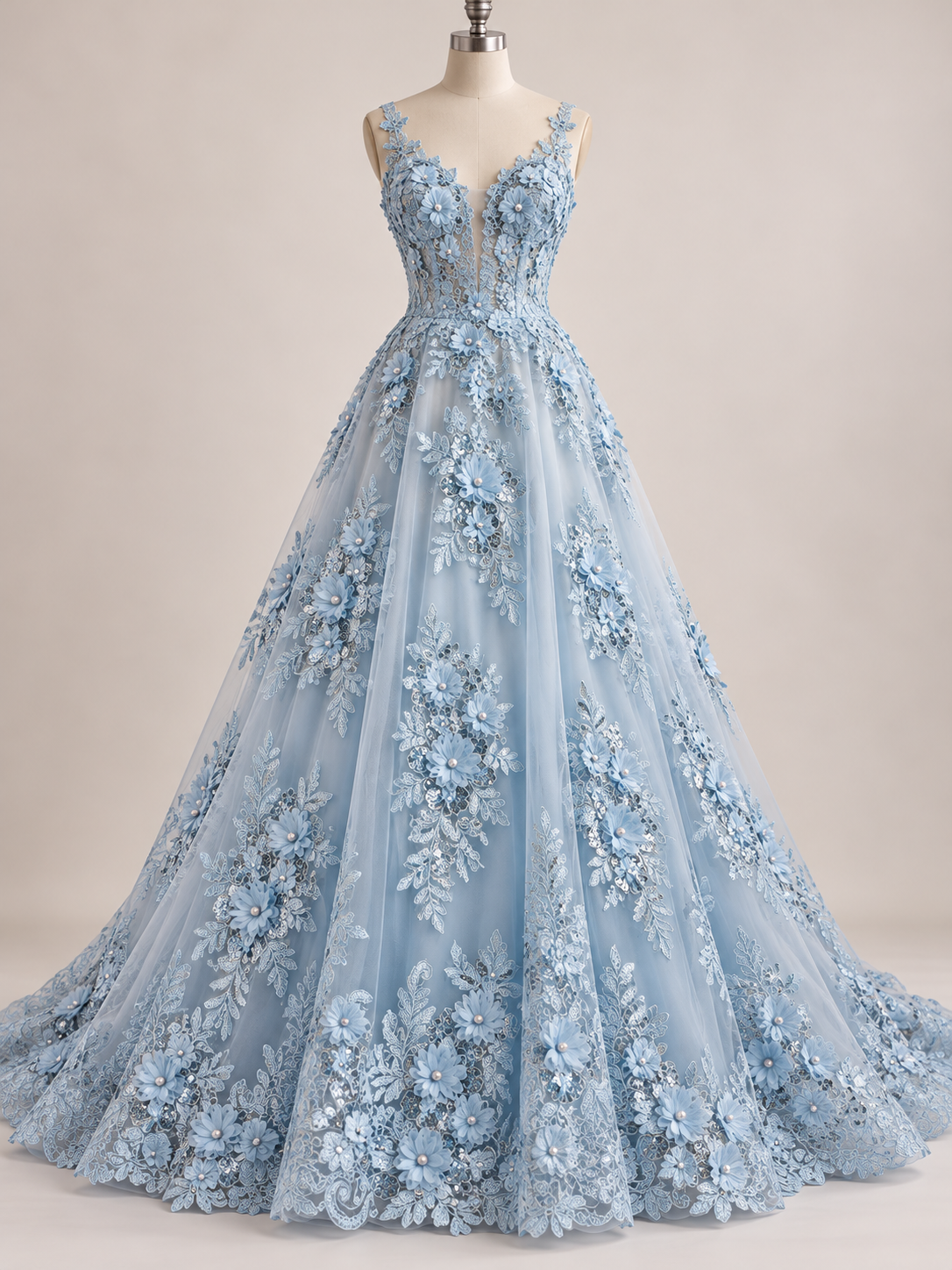 Tul Bordado Con Floral 3D, Lentejuela Y Perlas Color Azul Cielo- HH160 — Palacio Glamour