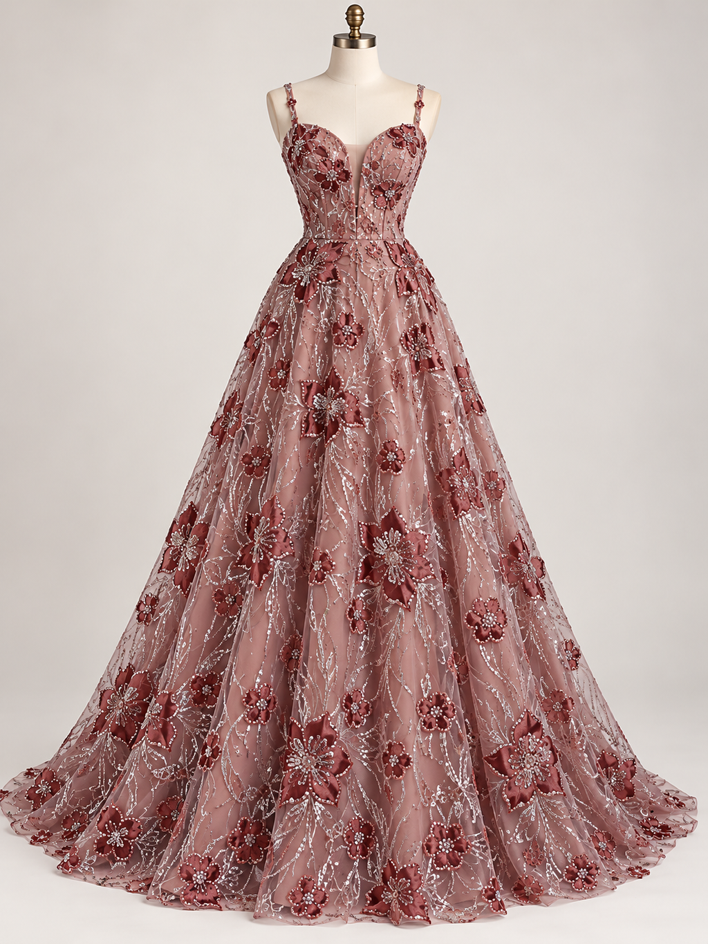 Tul Bordado Con Floral, Lentejuela Y Chaquira Color Ladrillo- HH236 — Palacio Glamour