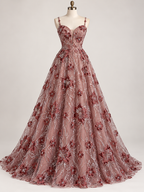 Tul Bordado Con Floral, Lentejuela Y Chaquira Color Ladrillo- HH236 — Palacio Glamour