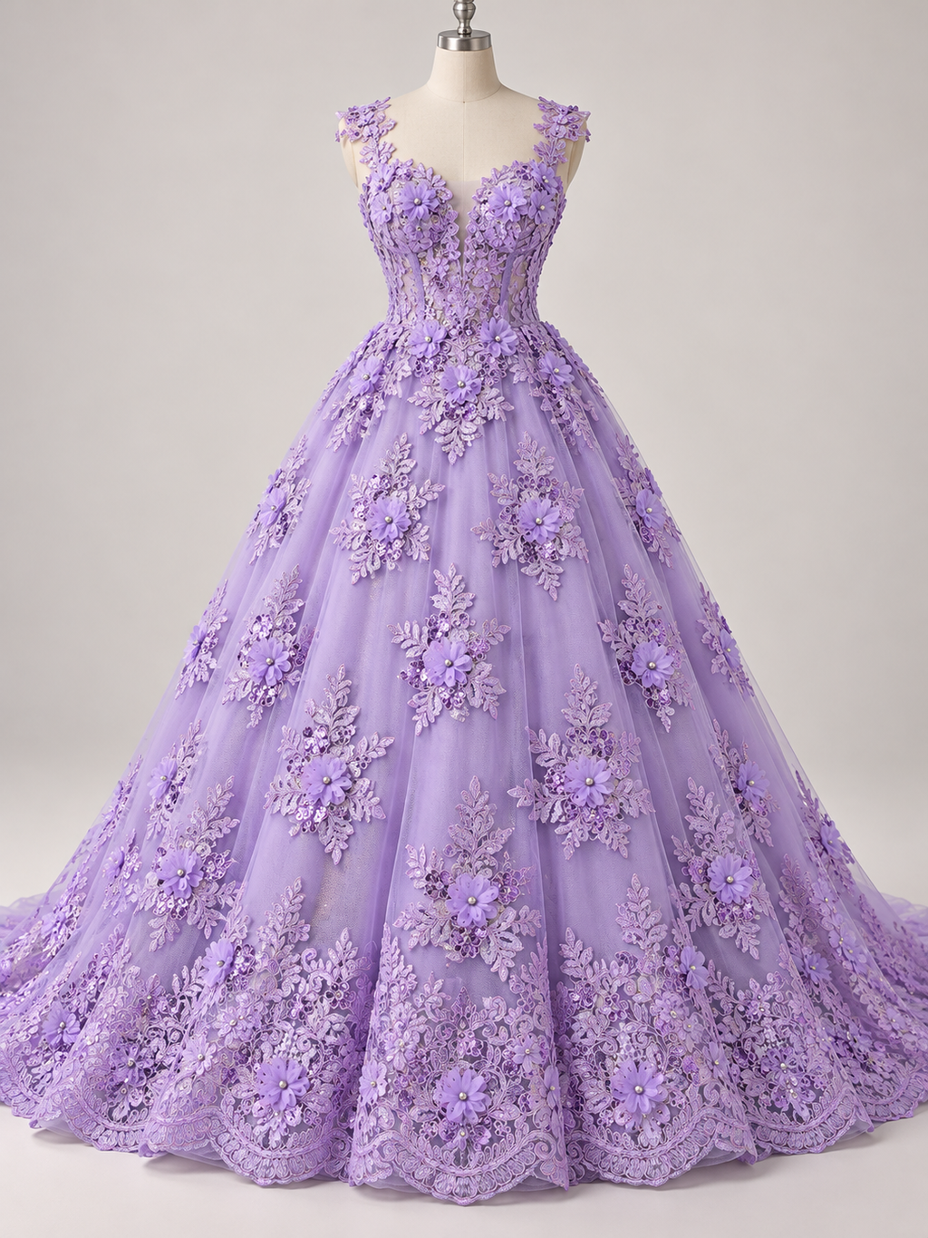 Tul Bordado Con Floral 3D, Lentejuela Y Perlas Color Lila- HH160 — Palacio Glamour