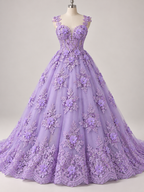 Tul Bordado Con Floral 3D, Lentejuela Y Perlas Color Lila- HH160 — Palacio Glamour
