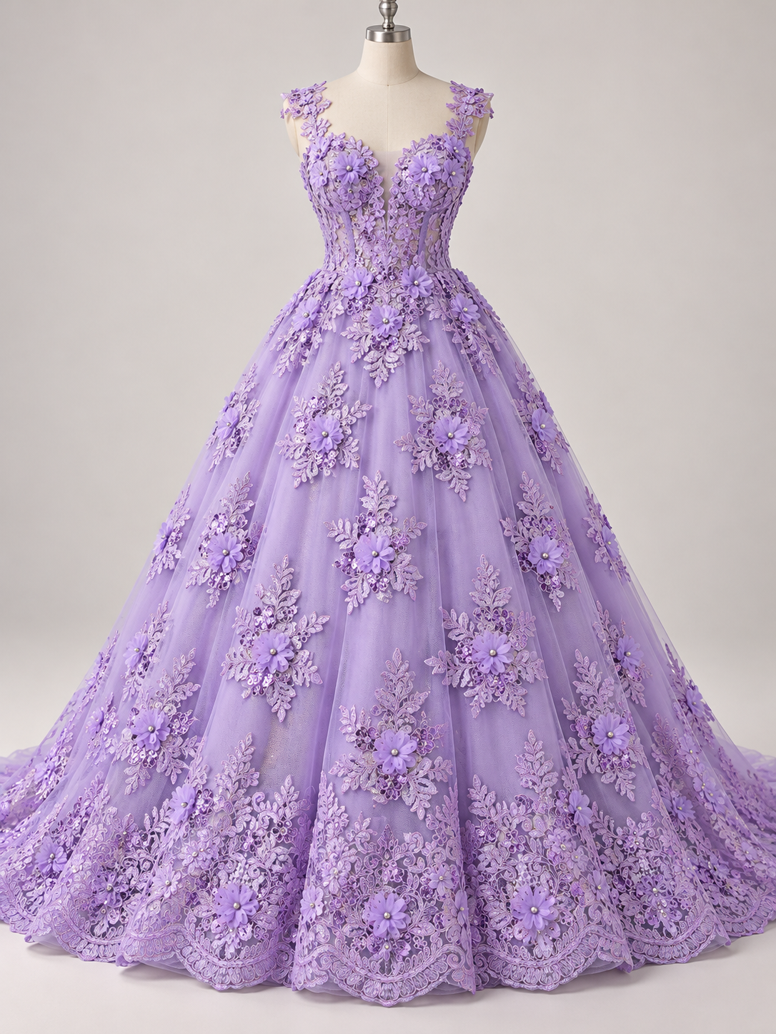 Tul Bordado Con Floral 3D, Lentejuela Y Perlas Color Lila- HH160 — Palacio Glamour