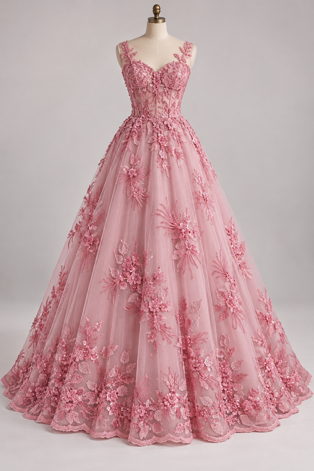 Tul Bordado Con Floral, Lentejuela Y Chaquira Color Rosa Pastel- HH161 — Palacio Glamour