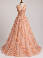 Tul Bordado Con Floral, Lentejuela Y Chaquira Color Melón- HH161 — Palacio Glamour