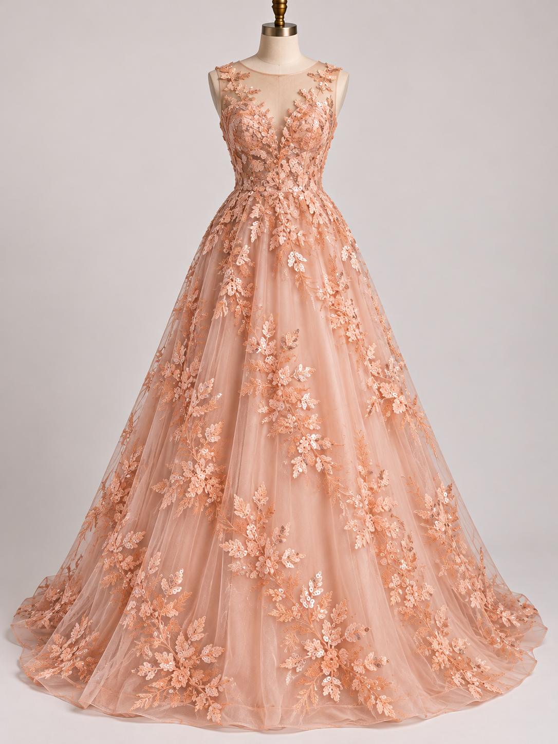 Tul Bordado Con Floral, Lentejuela Y Chaquira Color Melón- HH161 — Palacio Glamour