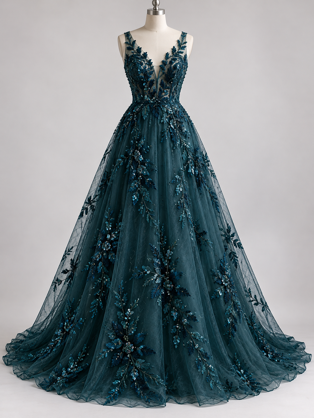 Tul Bordado Con Floral, Lentejuela Y Chaquira Color Botella- HH161 — Palacio Glamour