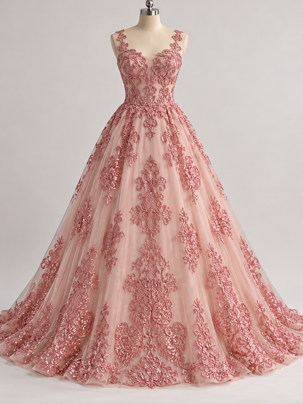 Tul Bordado Con Diseño En Acabado Glitter Color Rosa Piel- HH168 — Palacio Glamour