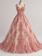 Tul Bordado Con Diseño En Acabado Glitter Color Rosa Piel- HH168 — Palacio Glamour