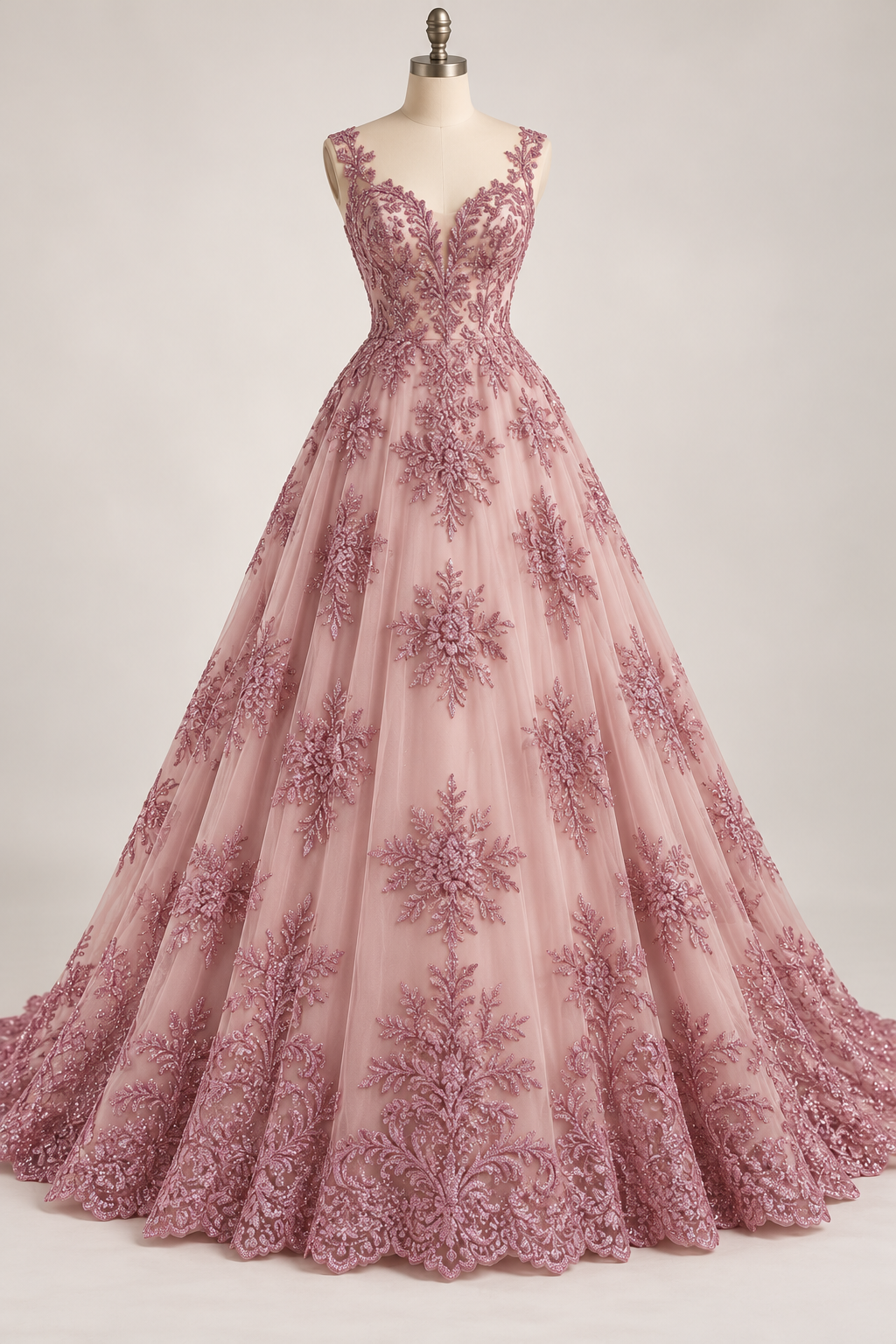 Tul Bordado Con Diseño En Acabado Glitter Color Rosa Piel- HH169 — Palacio Glamour