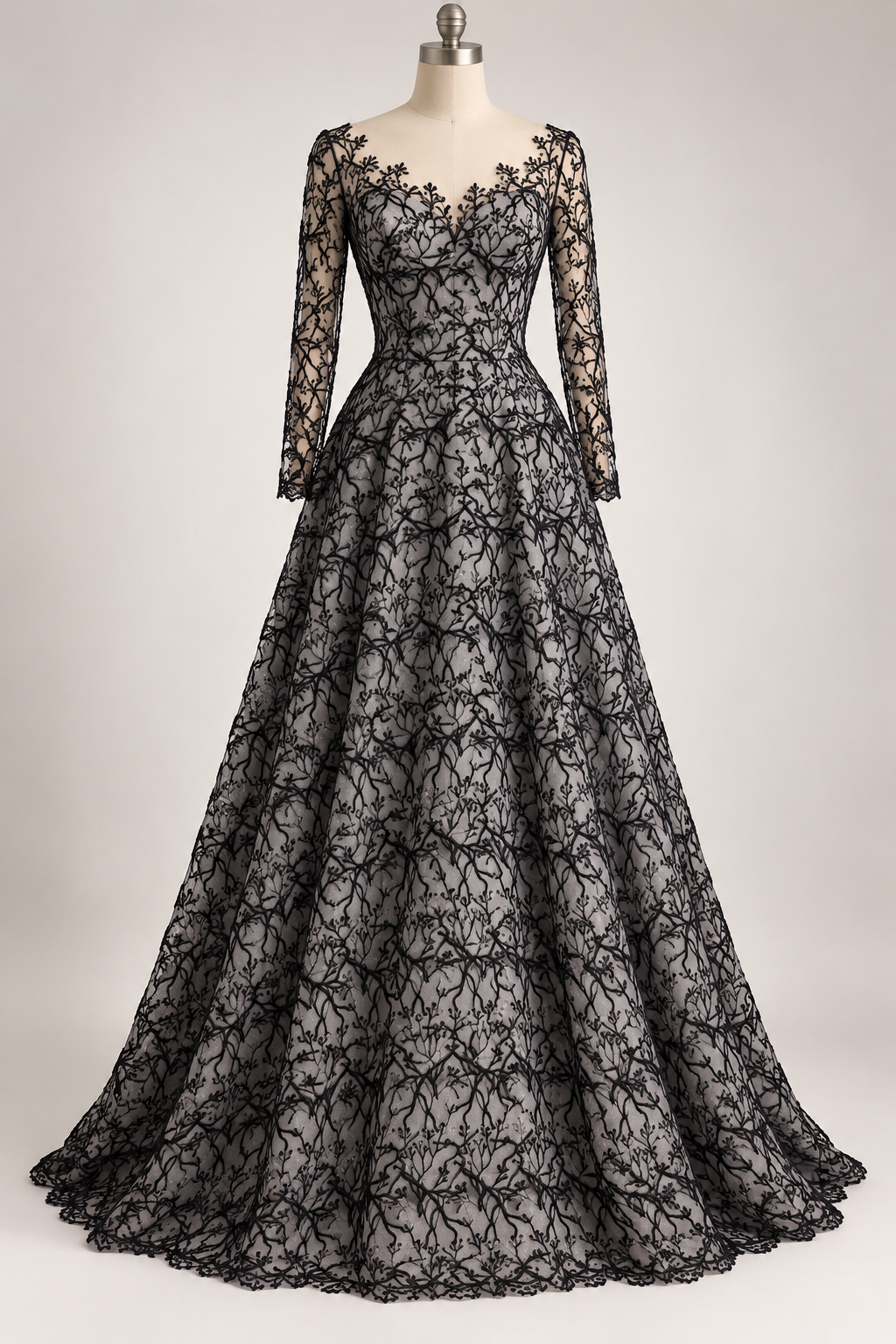 Tul Bordado Diseño Floral Con Ramajes Color Negro -HH175 — Palacio Glamour