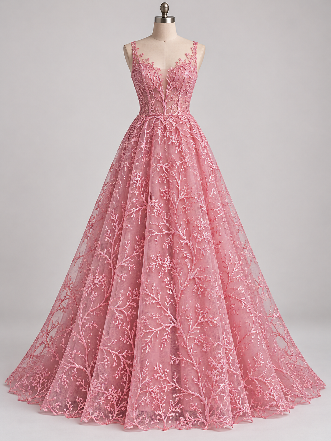 Tul Bordado Diseño Floral Con Ramajes Color Rosa -HH175 — Palacio Glamour