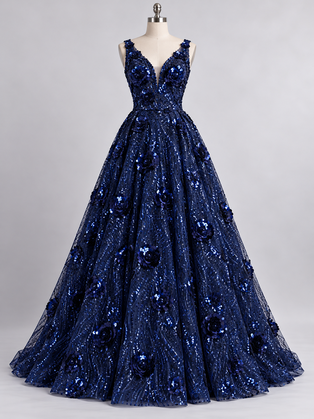 Tul Bordado Diseño Floral Con Lentejuela Color Azul Marino -HH179 — Palacio Glamour