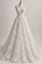 Tul Bordado Con Flores 3d, Lentejuela, Canutillo, Perlas, Chaquira Color Blanco -HH191 — Palacio Glamour
