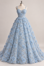 Tul Bordado Con Flores 3d, Lentejuela, Canutillo, Perlas, Chaquira Color Cielo-HH191 — Palacio Glamour