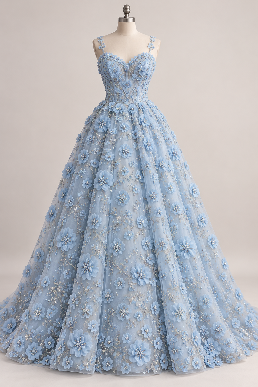 Tul Bordado Con Flores 3d, Lentejuela, Canutillo, Perlas, Chaquira Color Cielo-HH191 — Palacio Glamour