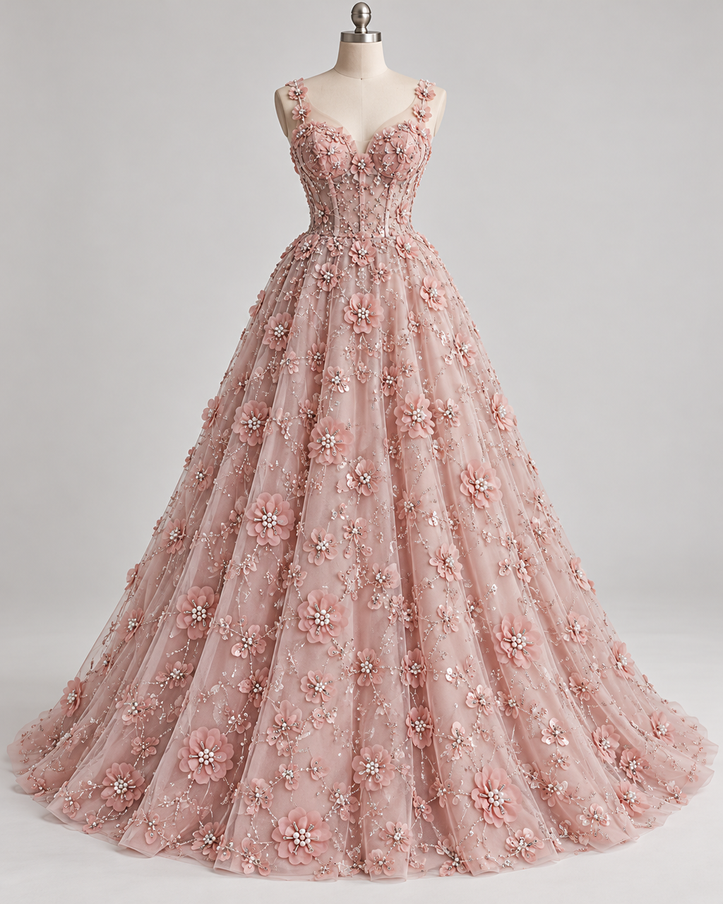 Tul Bordado Con Flores 3d, Lentejuela, Canutillo, Perlas, Chaquira Color Palo de Rosa -HH191 — Palacio Glamour