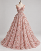 Tul Bordado Con Flores 3d, Lentejuela, Canutillo, Perlas, Chaquira Color Palo de Rosa -HH191 — Palacio Glamour