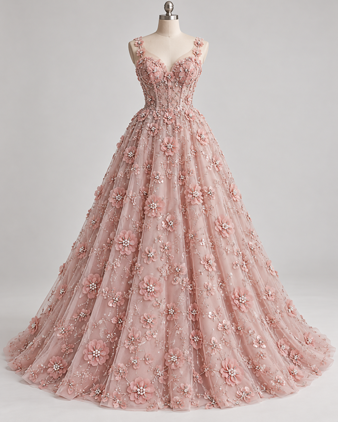 Tul Bordado Con Flores 3d, Lentejuela, Canutillo, Perlas, Chaquira Color Palo de Rosa -HH191 — Palacio Glamour