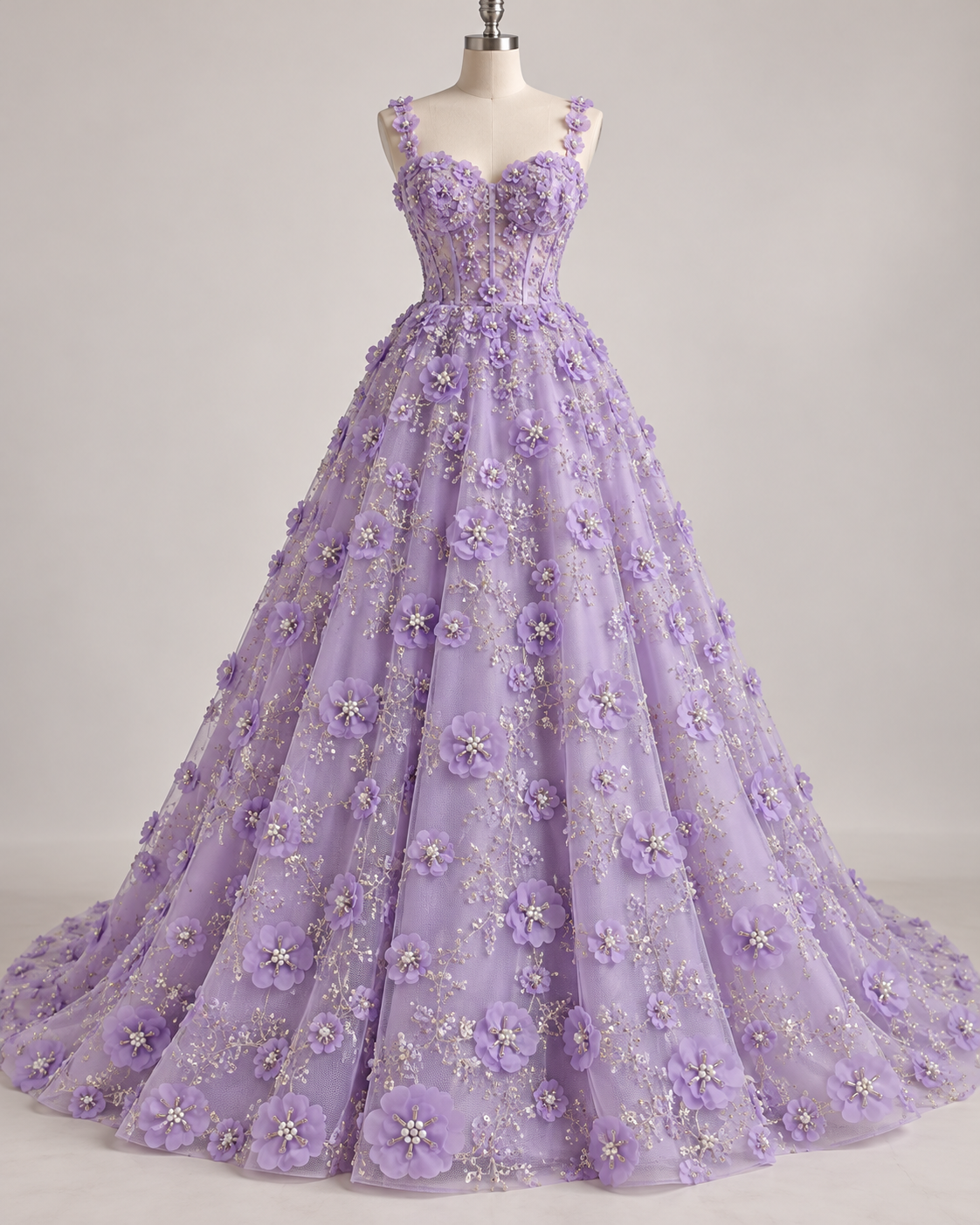 Tul Bordado Con Flores 3d, Lentejuela, Canutillo, Perlas, Chaquira Color Lila -HH191 — Palacio Glamour
