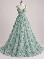 Tul Bordado Con Flores 3d, Lentejuela, Canutillo, Perlas, Chaquira Color Menta -HH191 — Palacio Glamour
