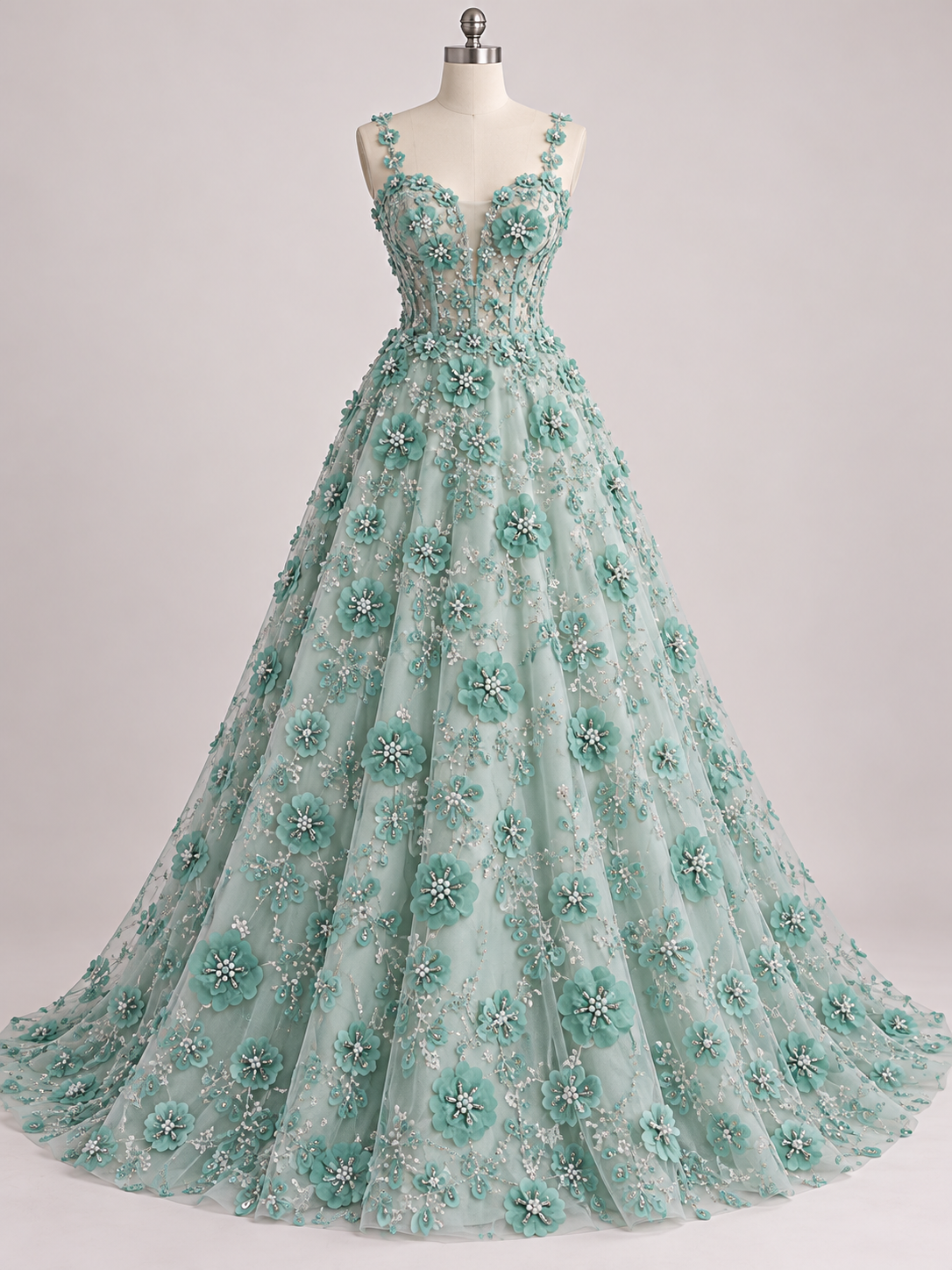 Tul Bordado Con Flores 3d, Lentejuela, Canutillo, Perlas, Chaquira Color Menta -HH191 — Palacio Glamour