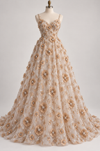 Tul Bordado Con Flores 3d, Lentejuela, Canutillo, Perlas, Chaquira Color Oro -HH191 — Palacio Glamour