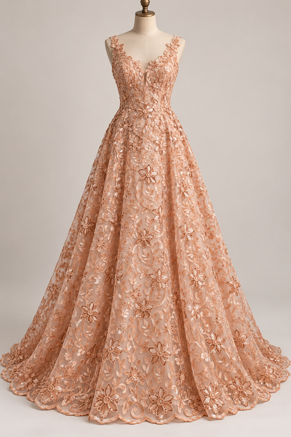 Tul Bordado Con Diseño Floral Con Lentejuela Color Melon -HH193 — Palacio Glamour