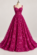 Tul Bordado Con Diseño Floral Con Lentejuela Color Fiusha -HH193 — Palacio Glamour