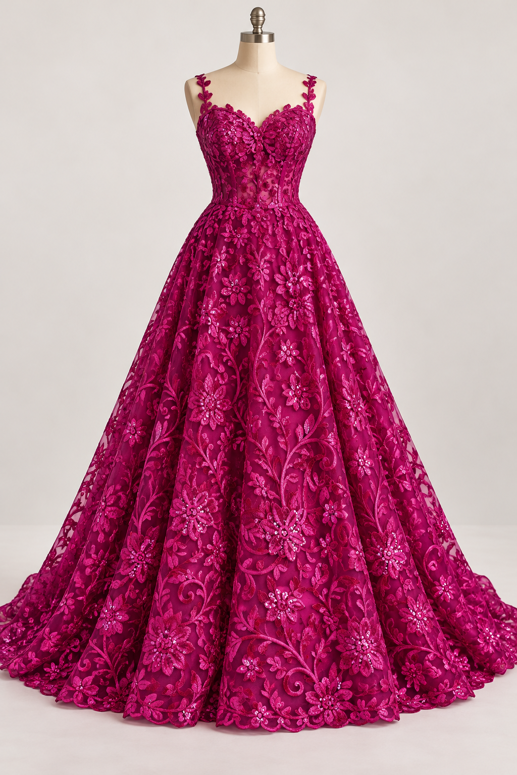 Tul Bordado Con Diseño Floral Con Lentejuela Color Fiusha -HH193 — Palacio Glamour